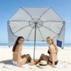 Dwie kobiety siedzące na kocu plażowym pod niebieskim parasolem z ochroną UV50+.