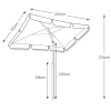Rysunek techniczny prostokątnego parasola z falbaną przedstawiający jego dokładne wymiary: czasza 125x200 cm, wysokość całkowita 235 cm, wysokość do przegubu 205 cm oraz dolny element stelaża 108 cm.