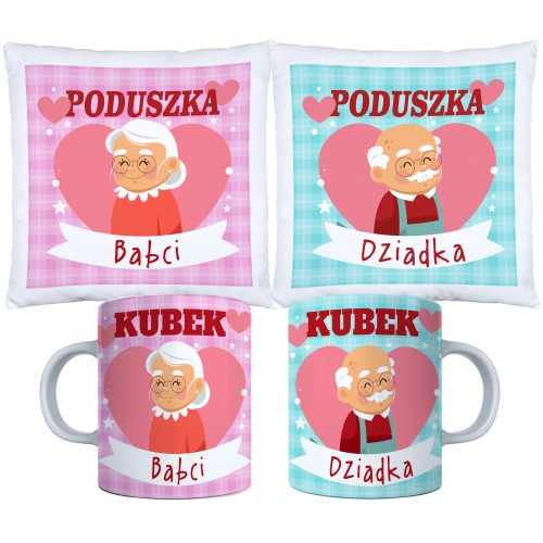 KOMPLET PREZENT DLA BABCI I DZIADKA PODUSZKA KUBEK BABCIA DZIADEK ZESTAW