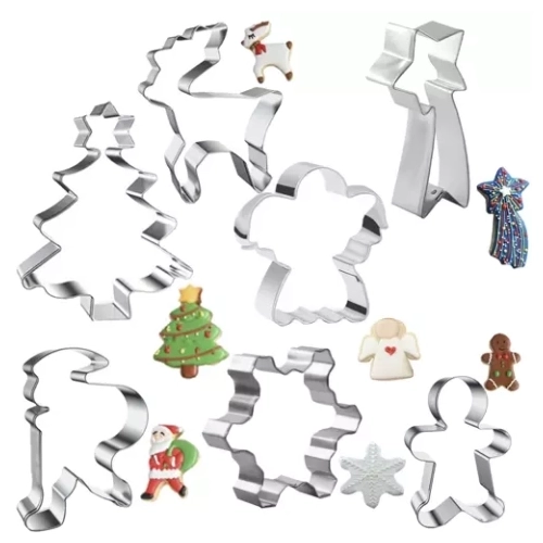 Kolekcja 7 błyszczących foremek do ciastek ze stali nierdzewnej, przedstawiających różnorodne kształty świąteczne, takie