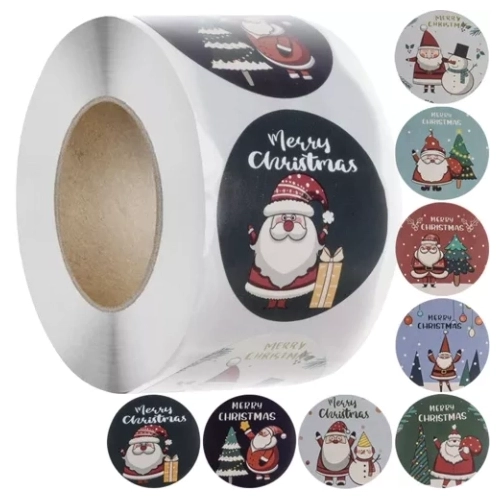 Rolka czerwonych, samoprzylepnych naklejek świątecznych (500 sztuk, 8 wzorów) z napisem "Merry Christmas".