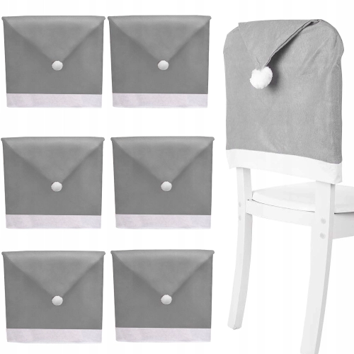 Zestaw 6 szarych pokrowców na krzesła w kształcie Czapki Mikołaja, z białym pomponem,