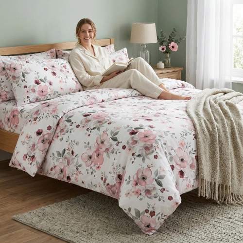 Uśmiechnięta kobieta w jasnej piżamie siedzi na łóżku z piękną, kwiatową pościelą z bawełny premium J&W.