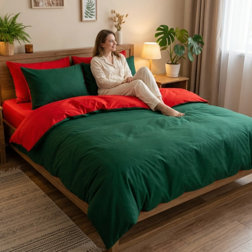 Kobieta siedząca na łóżku z dwustronną pościelą w kolorze zielonym i czerwonym