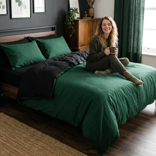 Kobieta relaksuje się na łóżku obleczonym w luksusową, dwustronną pościel J&W w kolorach butelkowej zieleni i czerni.