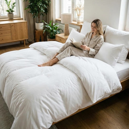 Uśmiechnięta kobieta relaksuje się w łóżku z białą pościelą z bawełny premium J&W.