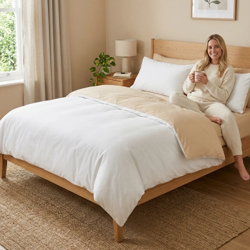 Uśmiechnięta kobieta relaksuje się w łóżku z dwustronną, biało-beżową pościelą J&W.