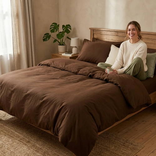 Uśmiechnięta kobieta relaksuje się w łóżku z jednokolorową, brązową pościelą z bawełny premium J&W.
