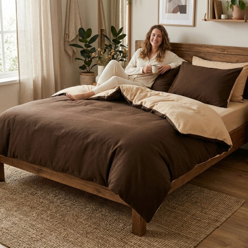 Uśmiechnięta kobieta relaksuje się w łóżku z dwustronną, brązowo-beżową pościelą J&W.