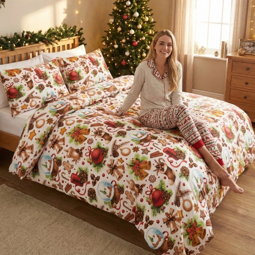 Uśmiechnięta kobieta siedzi na łóżku zaścielonym elegancką pościelą z bawełny J&W we wzór zimowych ozdób.