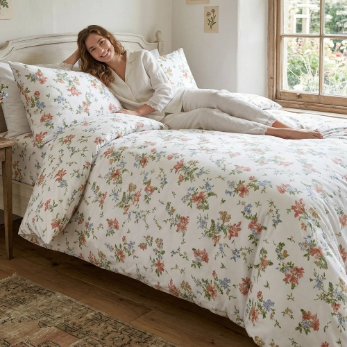 Kobieta relaksująca się na łóżku z jasną, wygodną pościelą bawełnianą J&W we wzór drobnych, wiosennych kwiatów.