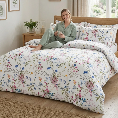 Uśmiechnięta kobieta w szałwiowej piżamie siedzi na łóżku z białą pościelą z bawełny premium J&W w czarny, liniowy wzór