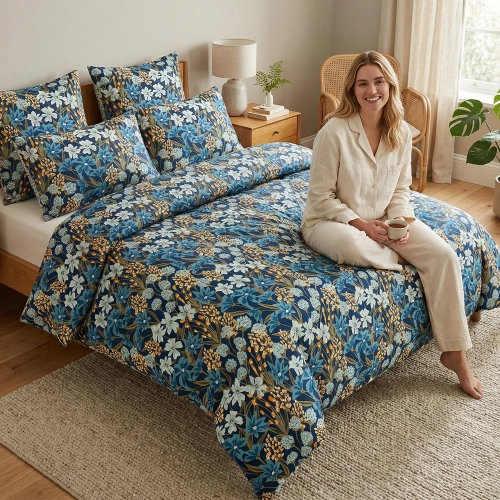 Uśmiechnięta kobieta w jasnej piżamie siedzi z kubkiem na łóżku z elegancką pościelą z bawełny premium J&W w niebieskie