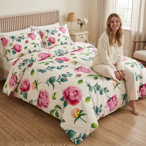 Uśmiechnięta kobieta w jasnej piżamie siedzi na łóżku z elegancką, bawełnianą pościelą premium J&W w duże, różowe kwiaty