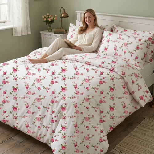 Kobieta relaksująca się na łóżku z białą, wygodną pościelą bawełnianą J&W we wzór letnich róż.