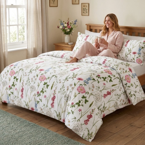 Uśmiechnięta kobieta w jasnoróżowej piżamie siedzi z kubkiem na łóżku z białą pościelą z bawełny premium J&W we wzór pol