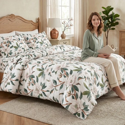 Elegancka pościel bawełniana J&W we wzór jasnych magnolii rozłożona na łóżku w świetlistej sypialni.