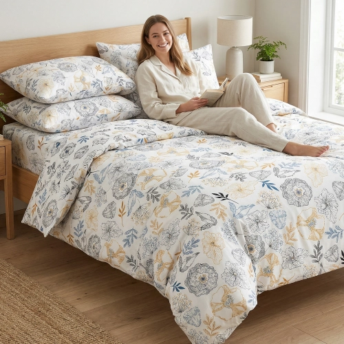 Uśmiechnięta kobieta w jasnej piżamie siedzi z książką na łóżku z bawełnianą pościelą premium J&W w liniowy wzór kwiatow