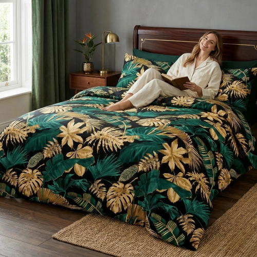 Uśmiechnięta kobieta w jasnej piżamie relaksuje się z książką na łóżku z czarną pościelą z bawełny premium J&W we wzór z