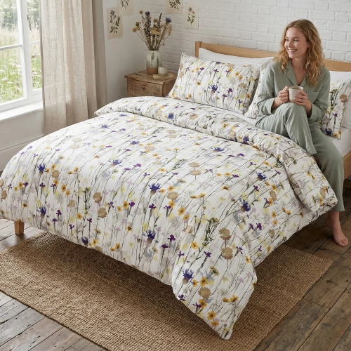 Uśmiechnięta kobieta w szałwiowej piżamie siedzi z kubkiem na łóżku z białą pościelą z bawełny premium J&W we wzór polny