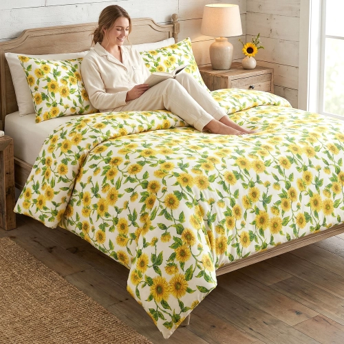 Zbliżenie na dłoń gładzącą miękki, bawełniany materiał białej pościeli J&W z malarskim wzorem w żółte słoneczniki.