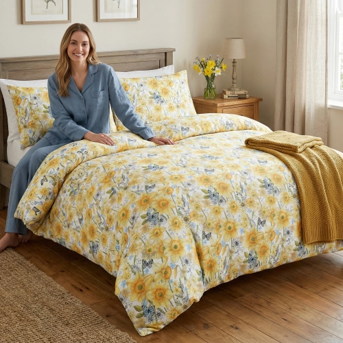 Kobieta relaksująca się z uśmiechem na łóżku zaścielonym w radosną, kwiecistą pościel bawełnianą J&W we wzór żółtych żon
