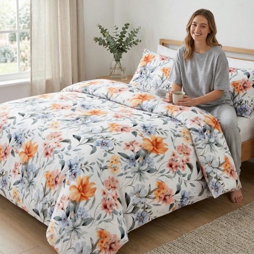 Kobieta w luźnej piżamie z kubkiem herbaty odpoczywa na posłanym łóżku z białą pościelą J&W we wzór jasnych kwiatów.