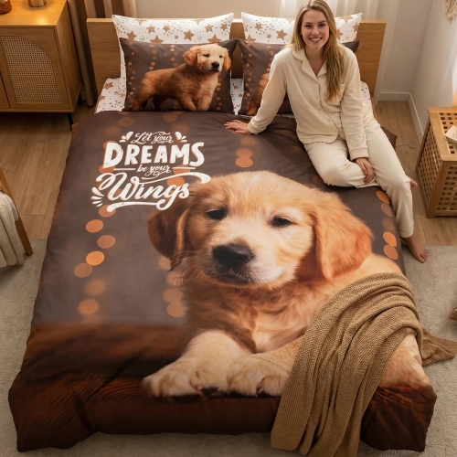 Kobieta relaksująca się na łóżku z brązową, wygodną pościelą bawełnianą J&W we wzór psa.