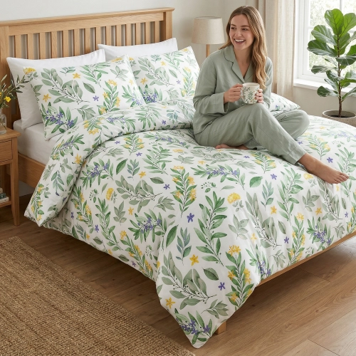 Kobieta relaksująca się z uśmiechem na łóżku zaścielonym w białą pościel bawełnianą J&W we wzór wiosennych gałązek.