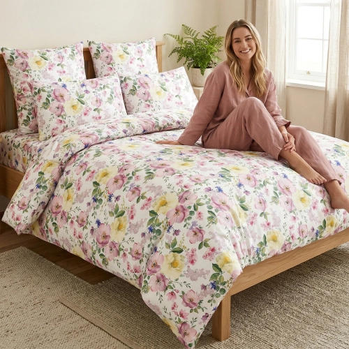 Relaks w sypialni na łóżku zaścielonym w wygodną pościel bawełnianą J&W we wzór wiosennych kwiatów.