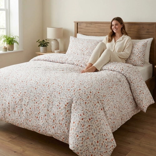 Uśmiechnięta kobieta siedzi na łóżku zaścielonym elegancką, romantyczną pościelą z bawełny J&W we wzór drobnych kwiatów.