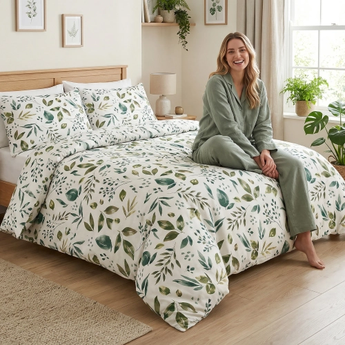 Kobieta uśmiecha się, odpoczywając na łóżku z piękną, nowoczesną pościelą J&W we wzór zielonych liści.
