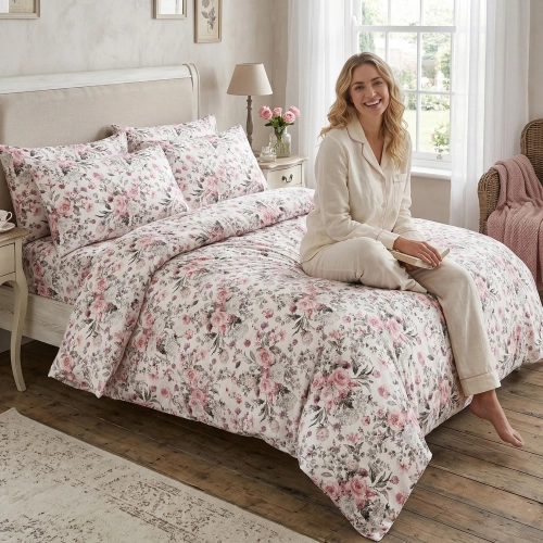 Kobieta relaksująca się na łóżku w sypialni, zaścielonym w wygodną pościel bawełnianą J&W we wzór różowych kwiatów.