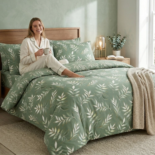 Kobieta relaksująca się na łóżku z zieloną, wygodną pościelą bawełnianą J&W we wzór złotych liści.