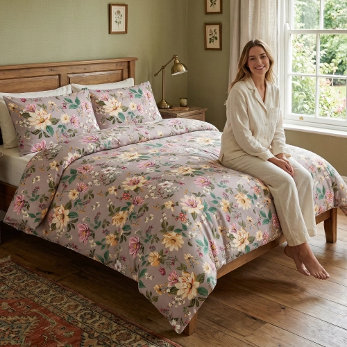 Relaks na łóżku z wygodną pościelą bawełnianą J&W we wzór kwiatów w stylu vintage.