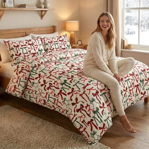 Kobieta relaksująca się na łóżku z jasną, wygodną pościelą bawełnianą J&W we wzór zimowych kokard.