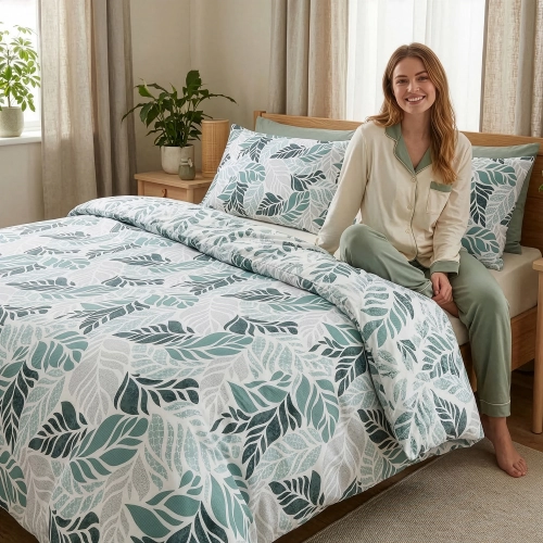 Kobieta siedząca na łóżku w sypialni z pościelą w zielone liście eukaliptusa