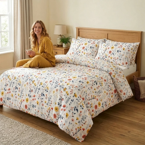 Kobieta siedząca na łóżku w sypialni z pościelą w radosne polne kwiaty