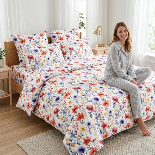 Kobieta siedząca na łóżku z pościelą w kolorowe letnie kwiaty