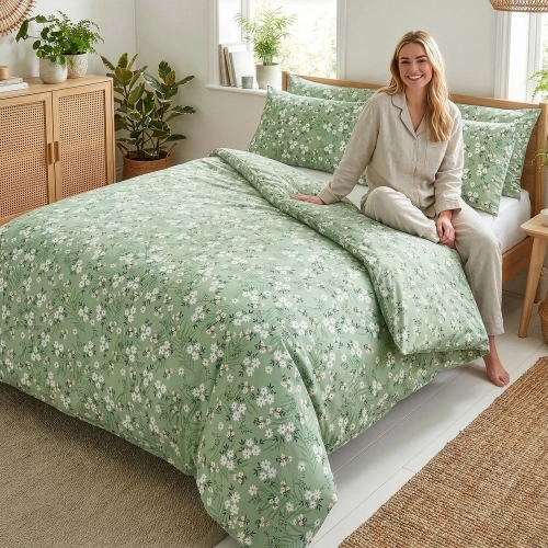 Kobieta siedząca na łóżku z pościelą w szałwiowym kolorze w białe kwiatki