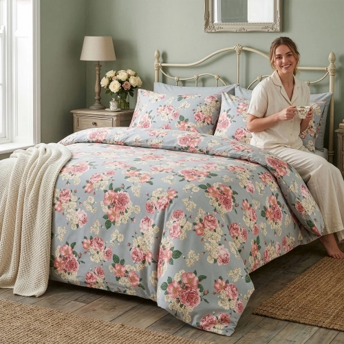 Kobieta siedząca na łóżku z pościelą w duże różowe róże na szarym tle