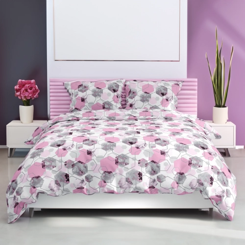 KOMPLET POŚCIELI POLSKA 100% BAWEŁNA RÓŻOWA GEOMETRIA 140x200