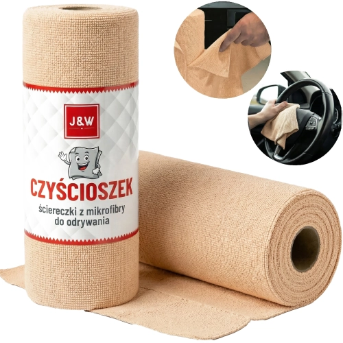 Kolaż produktowy: pionowa rolka beżowych ściereczek Czyścioszek J&W w folii z etykietą, obok leżąca rozwinięta beżowa ro