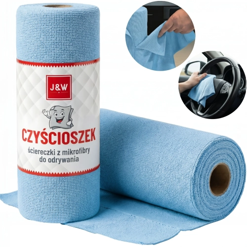 Niebieskie ściereczki z mikrofibry do odrywania w rolce Czyścioszek J&W z kartonową etykietą producenta