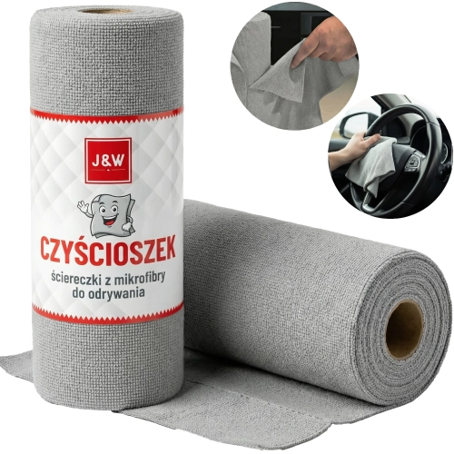 Kolaż produktowy: pionowa rolka ściereczek Czyścioszek J&W w folii z etykietą, obok leżąca rozwinięta rolka. W prawym gó