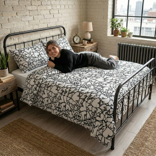 Uśmiechnięta kobieta na metalowym łóżku w pościeli z satyny bawełnianej z czarno-białej kolekcji Serduszkowy Szkic