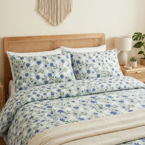 Jasna pościel w niebieskie kwiaty Błękitna Polana z poszewkami polskiej marki J&W