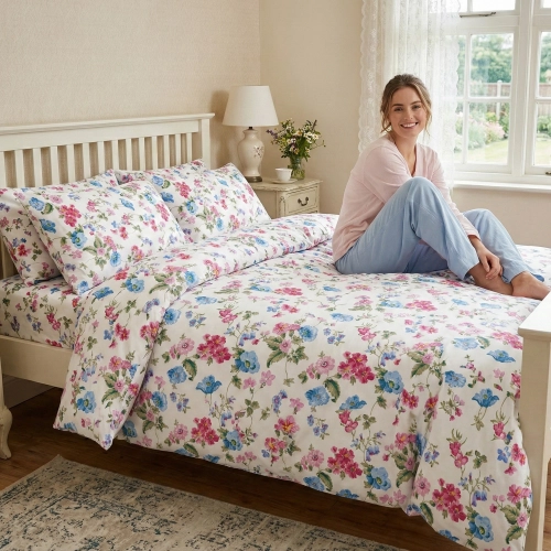 Uśmiechnięta kobieta w sypialni na łóżku w pościeli z satyny bawełnianej z kolekcji Letnia Łąka