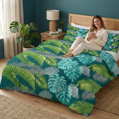 Uśmiechnięta kobieta siedząca na łóżku z filiżanką w pościeli w liście monstery z kolekcji Zielona Monstera