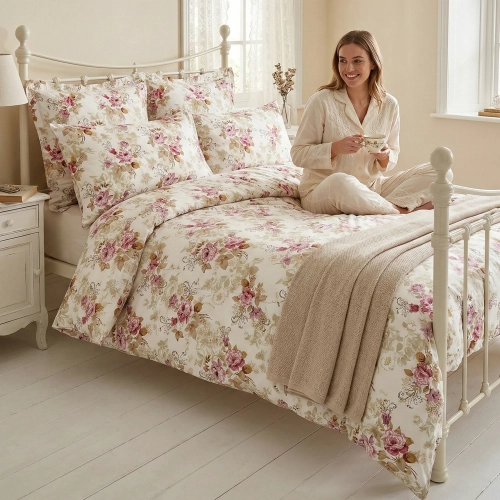 Uśmiechnięta kobieta z filiżanką siedząca na białym łóżku w pościeli w klasyczne róże z kolekcji Różana Sonatina